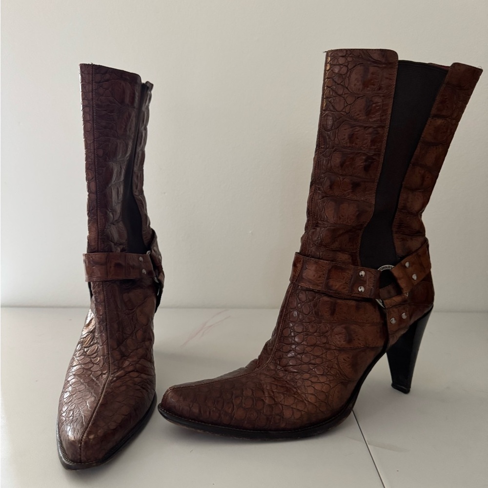 Donald J Pliner Italian Leather Croc Embossed Harness Boots Brown Size 8